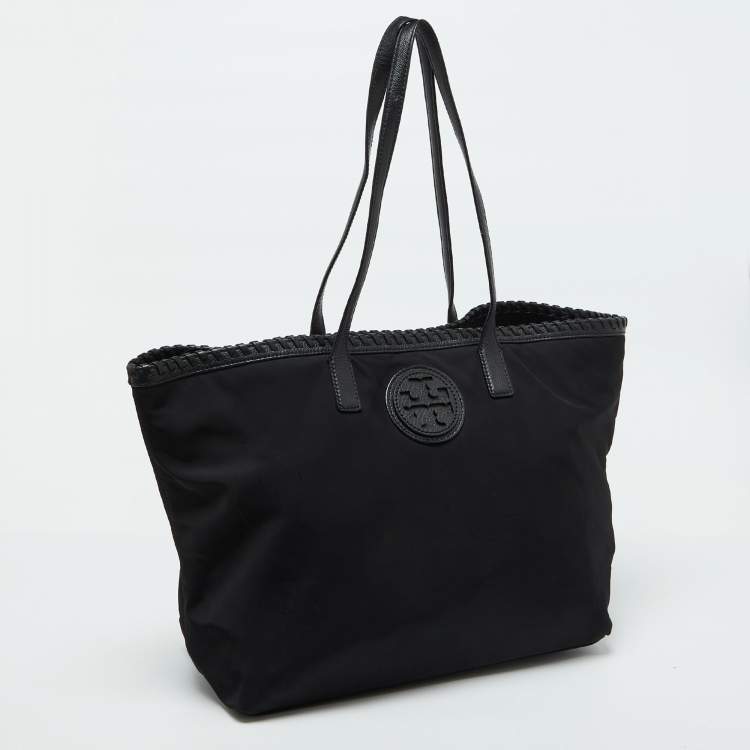 Pre Owned Tory Burch Black Nylon and Leather Marion Logo Whipstitch Tote