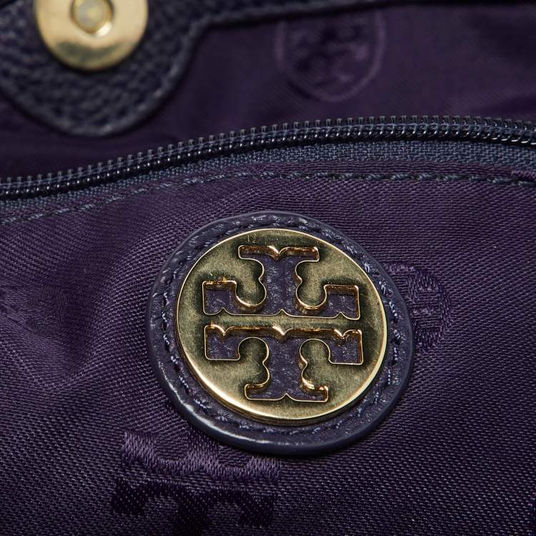 Pre Owned Tory Burch Purple Nylon and Leather Marion Logo Whipstitch Tote