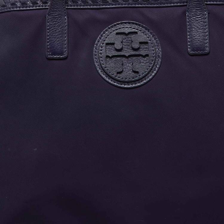 Pre Owned Tory Burch Purple Nylon and Leather Marion Logo Whipstitch Tote