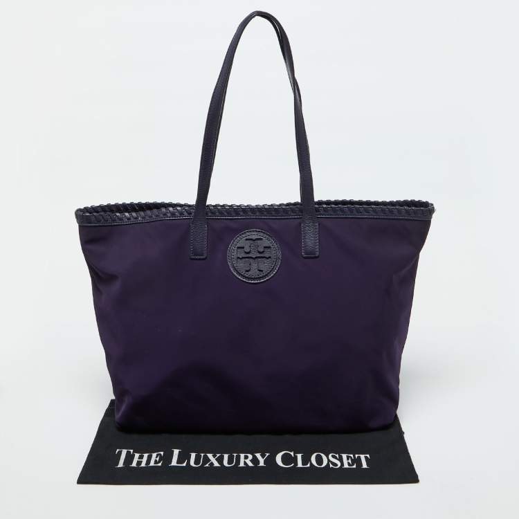 Pre Owned Tory Burch Purple Nylon and Leather Marion Logo Whipstitch Tote