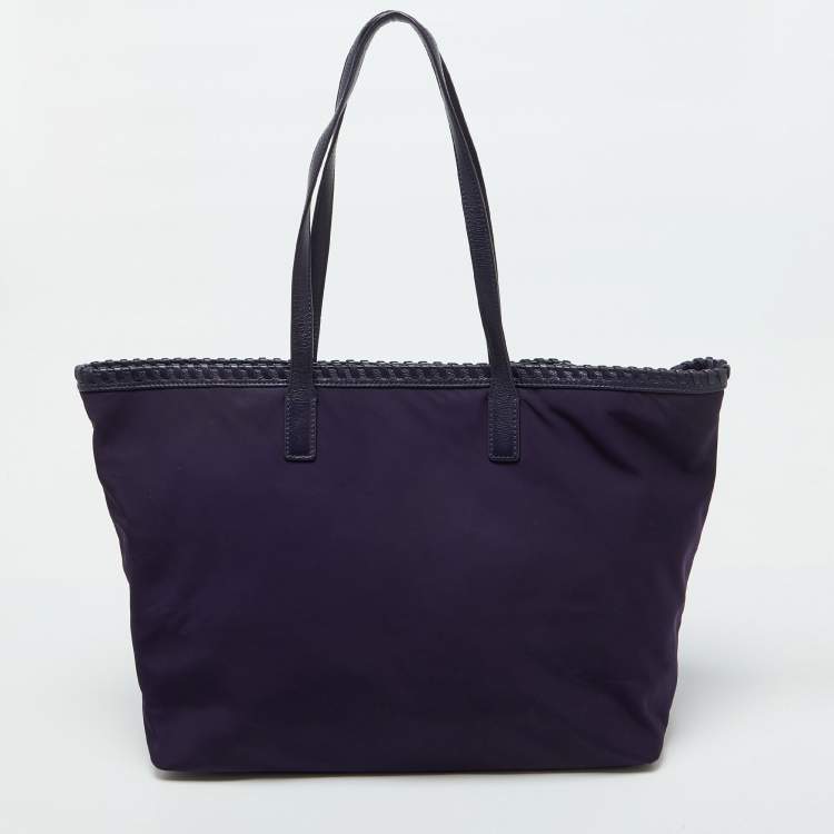 Pre Owned Tory Burch Purple Nylon and Leather Marion Logo Whipstitch Tote