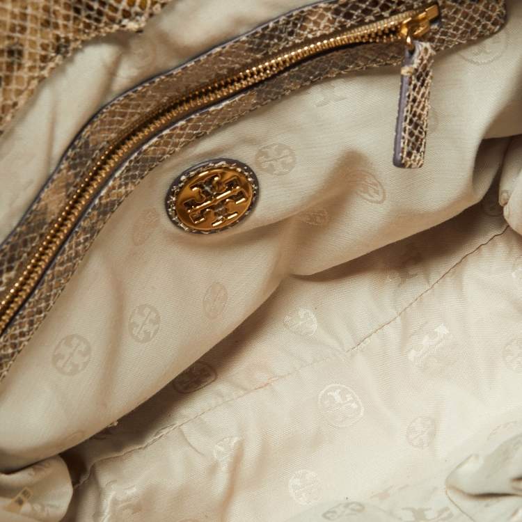 Pre Owned Tory Burch Beige/Brown Snakeskin Embossed Leather and Raffia Top Handle Bag