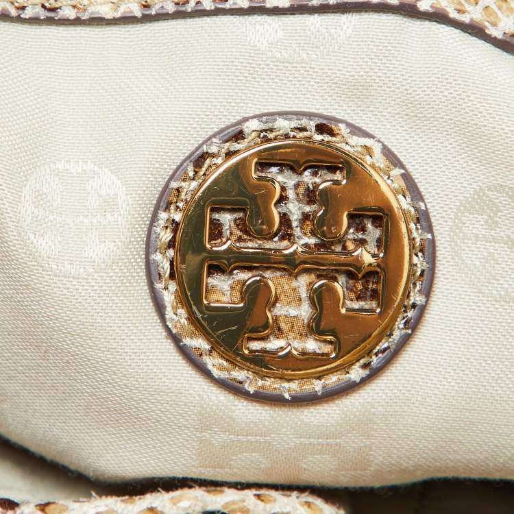 Pre Owned Tory Burch Beige/Brown Snakeskin Embossed Leather and Raffia Top Handle Bag