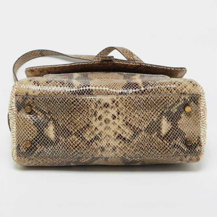 Pre Owned Tory Burch Beige/Brown Snakeskin Embossed Leather and Raffia Top Handle Bag