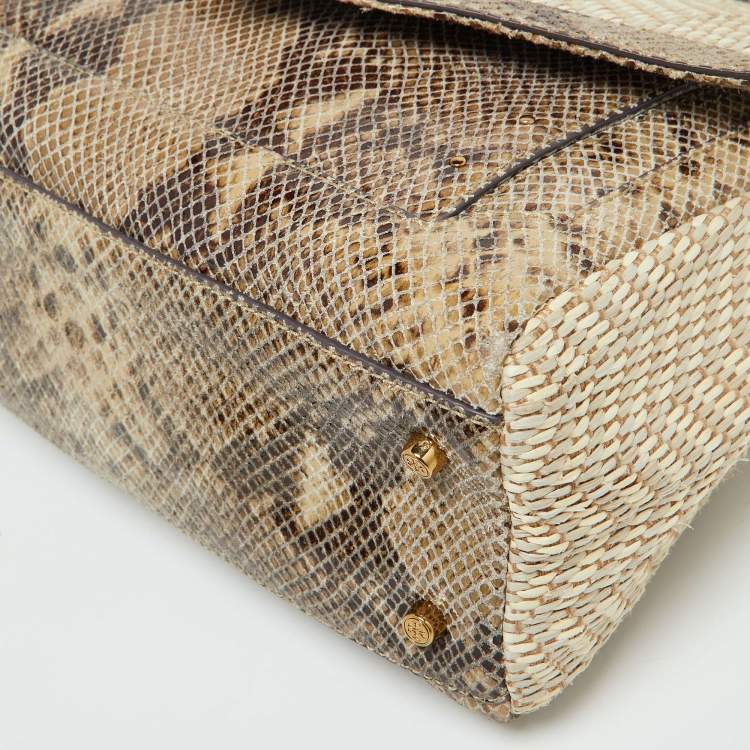 Pre Owned Tory Burch Beige/Brown Snakeskin Embossed Leather and Raffia Top Handle Bag