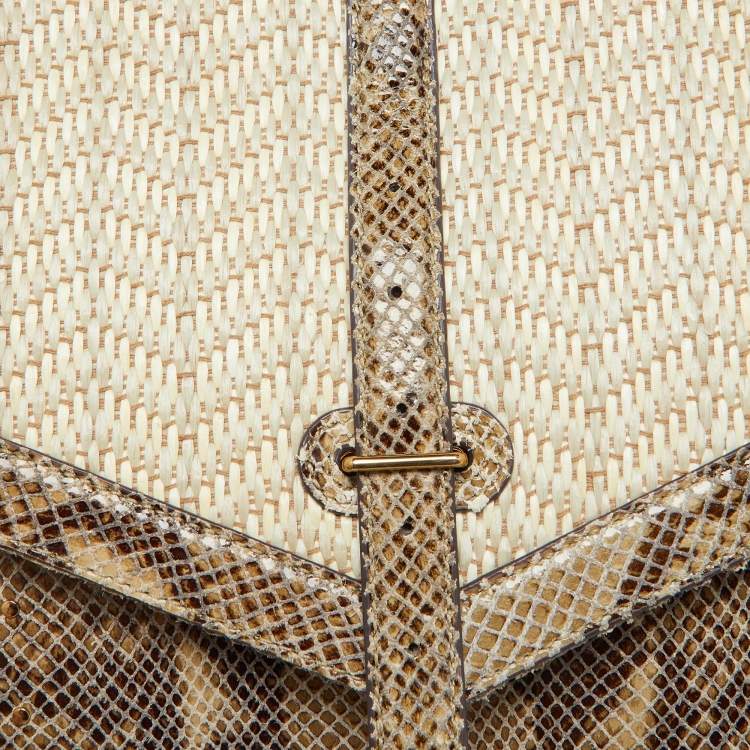 Pre Owned Tory Burch Beige/Brown Snakeskin Embossed Leather and Raffia Top Handle Bag