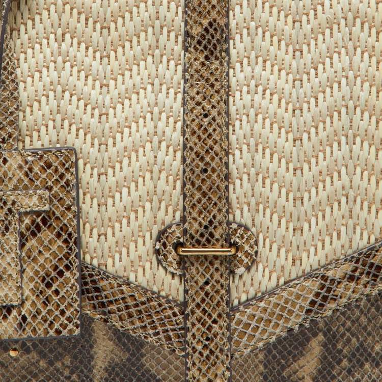 Pre Owned Tory Burch Beige/Brown Snakeskin Embossed Leather and Raffia Top Handle Bag