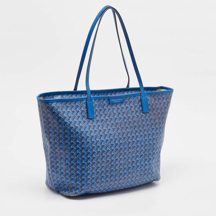 Pre Owned Tory Burch Blue Printed Coated Canvas Small Ever-Ready Zip Tote