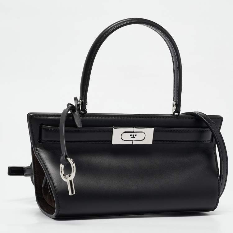 Pre Owned Tory Burch Black Leather Petite Lee Radziwill Cat Eye Top Handle Bag