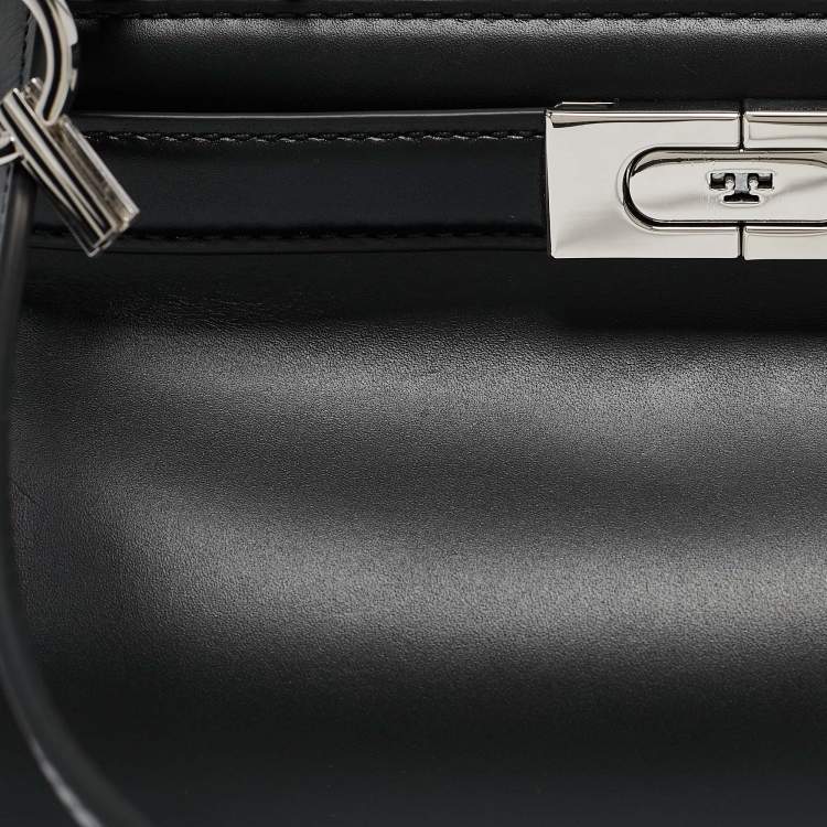 Pre Owned Tory Burch Black Leather Petite Lee Radziwill Cat Eye Top Handle Bag