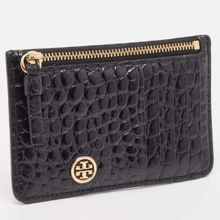 Pre Owned Tory Burch Black Croc Embossed Leather Walker Zip Card Holder