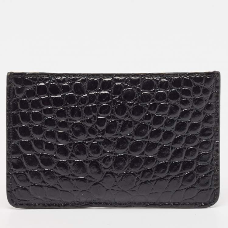 Pre Owned Tory Burch Black Croc Embossed Leather Walker Zip Card Holder
