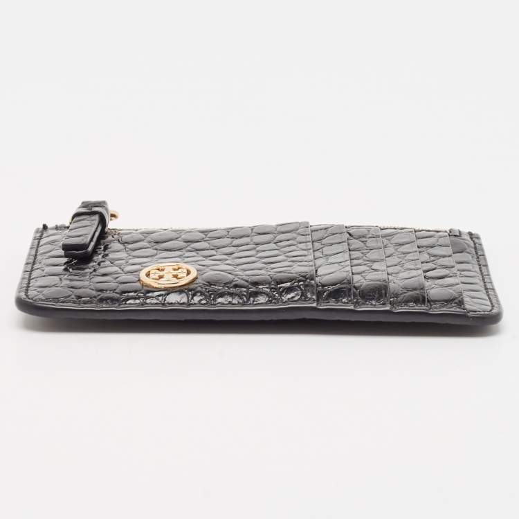 Pre Owned Tory Burch Black Croc Embossed Leather Walker Zip Card Holder