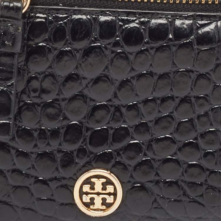 Pre Owned Tory Burch Black Croc Embossed Leather Walker Zip Card Holder