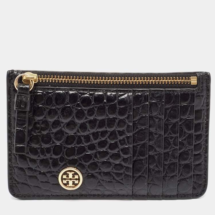 Pre Owned Tory Burch Black Croc Embossed Leather Walker Zip Card Holder