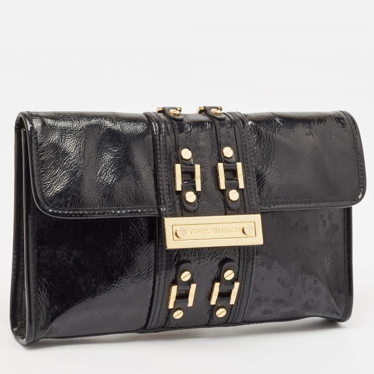 Pre Owned Tory Burch Black Crinkled Patent Leather Matthias Clutch