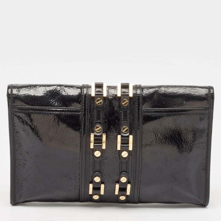 Pre Owned Tory Burch Black Crinkled Patent Leather Matthias Clutch