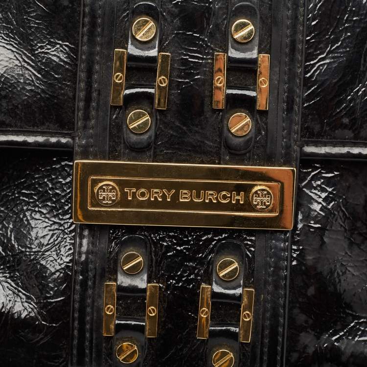 Pre Owned Tory Burch Black Crinkled Patent Leather Matthias Clutch
