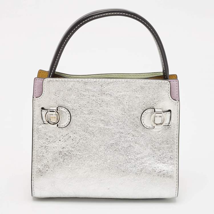 Pre Owned Tory Burch Multicolor Patent Leather and Suede Petite Lee Radziwill Double Tote