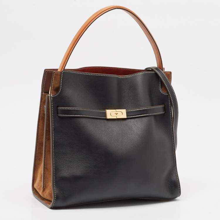 Pre Owned Tory Burch Black/Brown Leather and Suede Lee Radziwill Double Bag