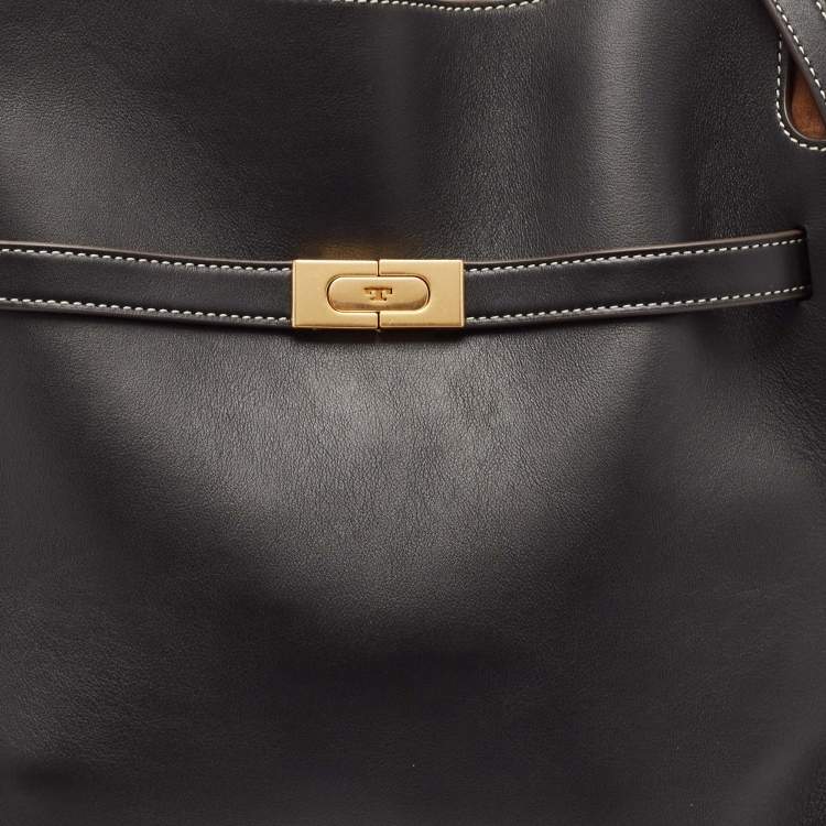 Pre Owned Tory Burch Black/Brown Leather and Suede Lee Radziwill Double Bag