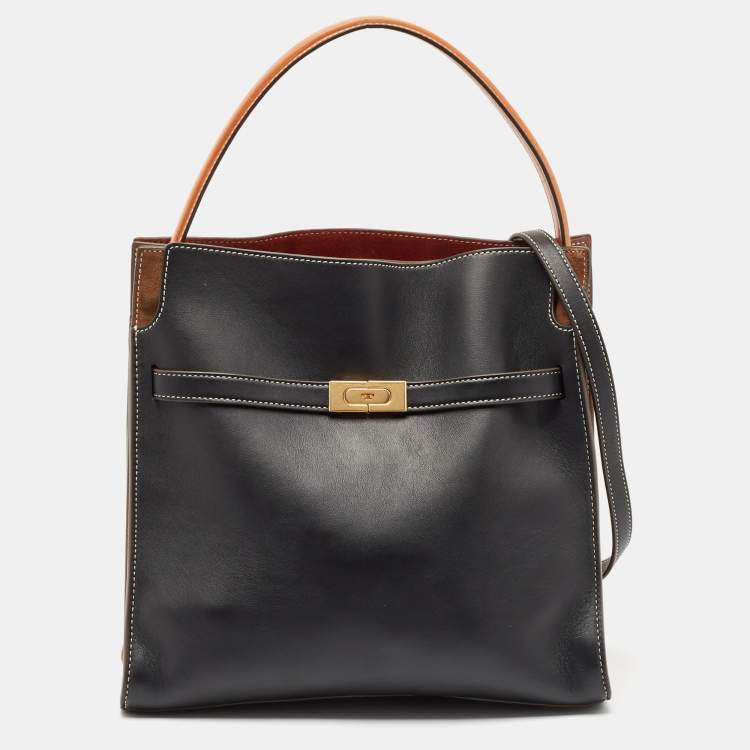 Pre Owned Tory Burch Black/Brown Leather and Suede Lee Radziwill Double Bag