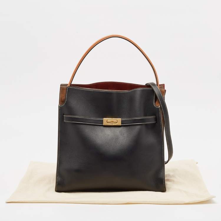 Pre Owned Tory Burch Black/Brown Leather and Suede Lee Radziwill Double Bag