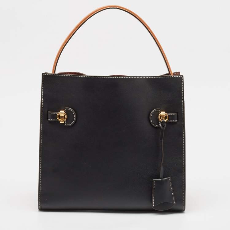 Pre Owned Tory Burch Black/Brown Leather and Suede Lee Radziwill Double Bag