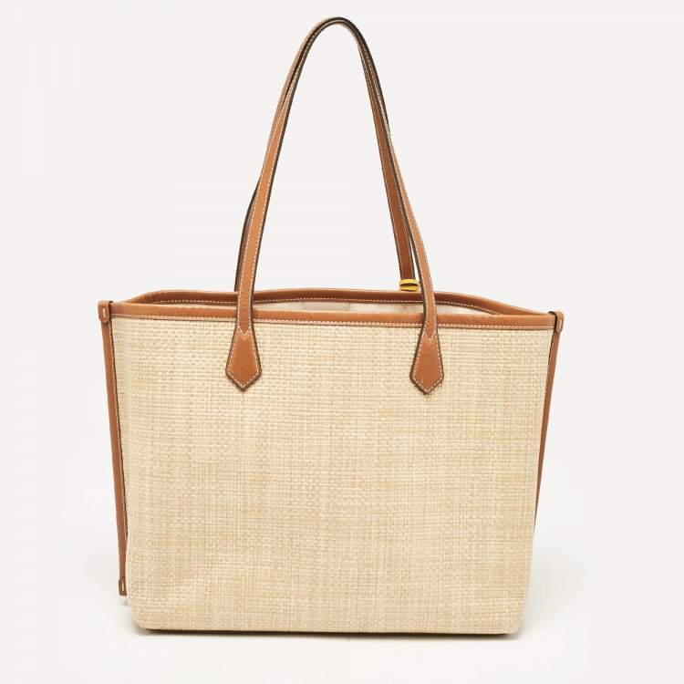 Pre Owned Tory Burch Brown/Beige Leather and Straw Embroidered Perry Shopper Tote