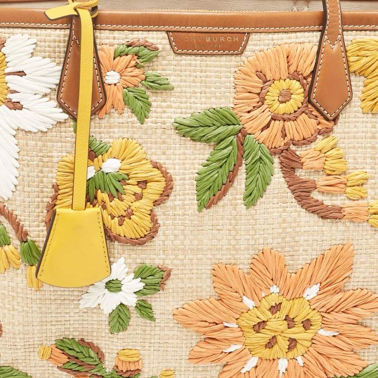 Pre Owned Tory Burch Brown/Beige Leather and Straw Embroidered Perry Shopper Tote
