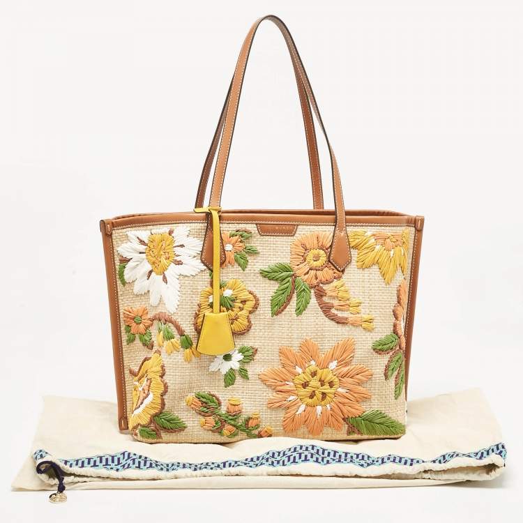 Pre Owned Tory Burch Brown/Beige Leather and Straw Embroidered Perry Shopper Tote