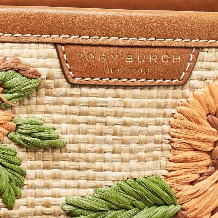Pre Owned Tory Burch Brown/Beige Leather and Straw Embroidered Perry Shopper Tote