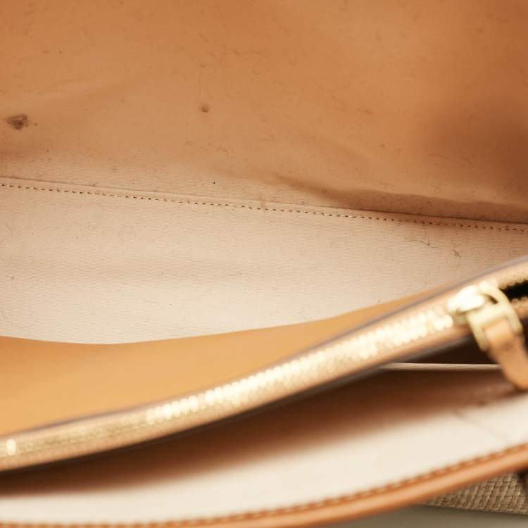 Pre Owned Tory Burch Brown/Beige Leather and Straw Embroidered Perry Shopper Tote