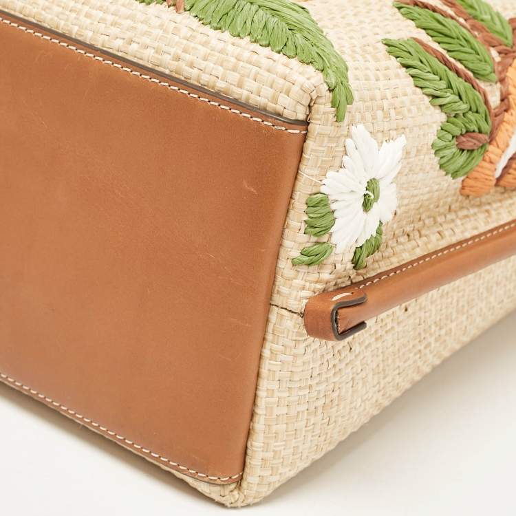 Pre Owned Tory Burch Brown/Beige Leather and Straw Embroidered Perry Shopper Tote