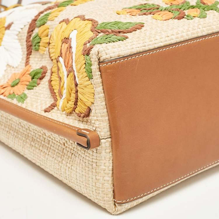 Pre Owned Tory Burch Brown/Beige Leather and Straw Embroidered Perry Shopper Tote