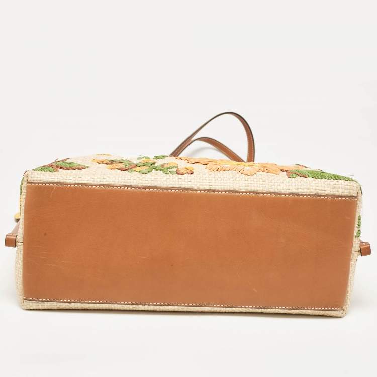 Pre Owned Tory Burch Brown/Beige Leather and Straw Embroidered Perry Shopper Tote