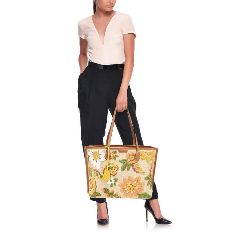 Pre Owned Tory Burch Brown/Beige Leather and Straw Embroidered Perry Shopper Tote
