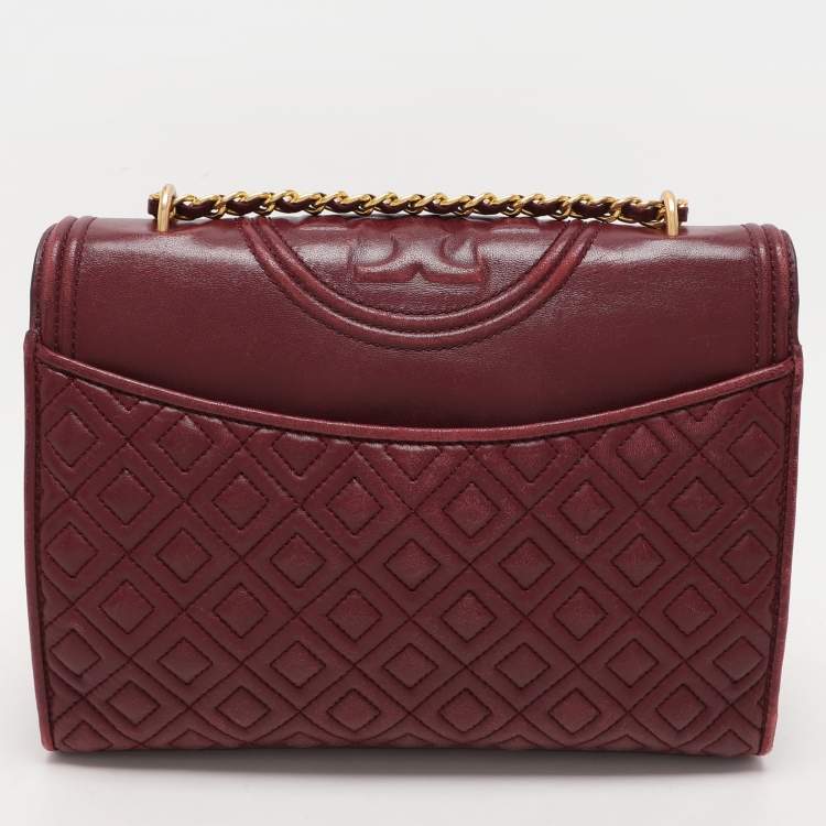 Pre Owned Tory Burch Burgundy Quilted Leather Fleming Shoulder Bag