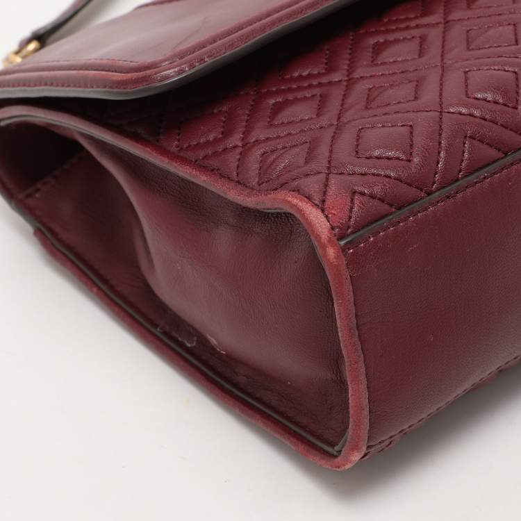 Pre Owned Tory Burch Burgundy Quilted Leather Fleming Shoulder Bag