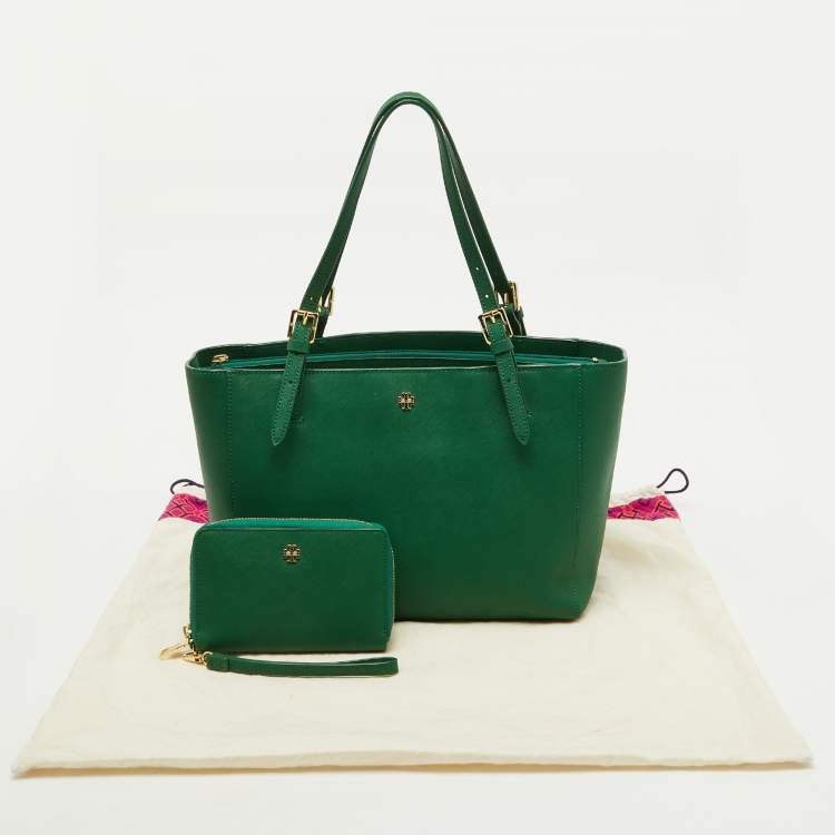 Pre Owned Tory Burch Green Leather Medium York Buckle Tote