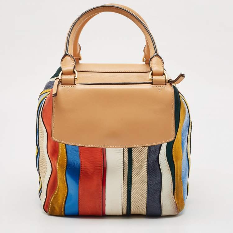 مملوكة مسبقًا Tory Burch Multicolor Mix Leather and Canvas Balloon Stripe Half Moon Satchel