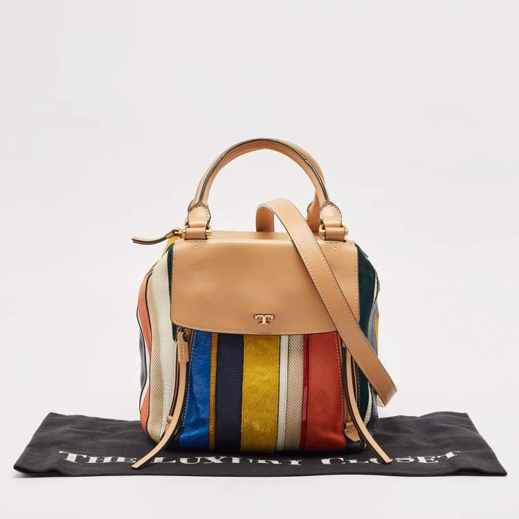 مملوكة مسبقًا Tory Burch Multicolor Mix Leather and Canvas Balloon Stripe Half Moon Satchel