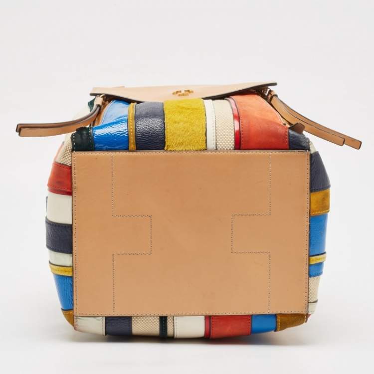 مملوكة مسبقًا Tory Burch Multicolor Mix Leather and Canvas Balloon Stripe Half Moon Satchel