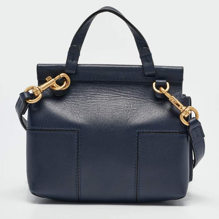 Pre Owned Tory Burch Navy Blue Leather Mini Block-T Top Handle Bag