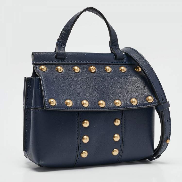 Pre Owned Tory Burch Navy Blue Leather Mini Block-T Top Handle Bag