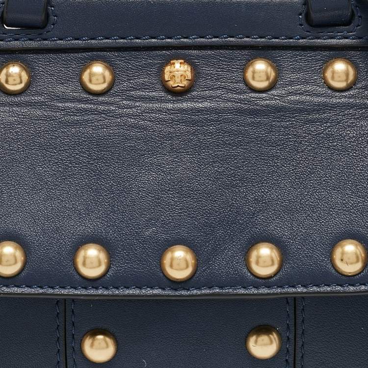 Pre Owned Tory Burch Navy Blue Leather Mini Block-T Top Handle Bag