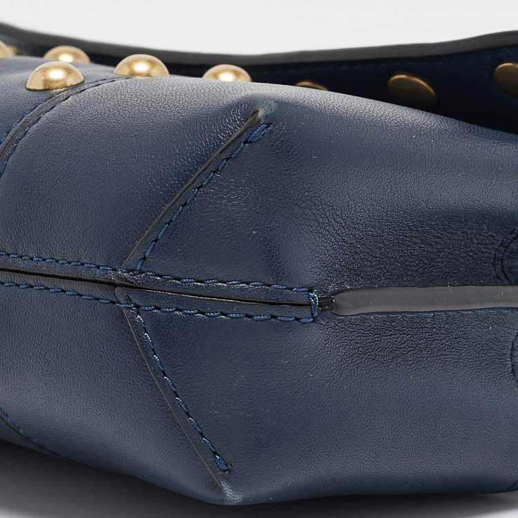 Pre Owned Tory Burch Navy Blue Leather Mini Block-T Top Handle Bag