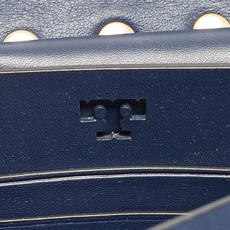Pre Owned Tory Burch Navy Blue Leather Mini Block-T Top Handle Bag