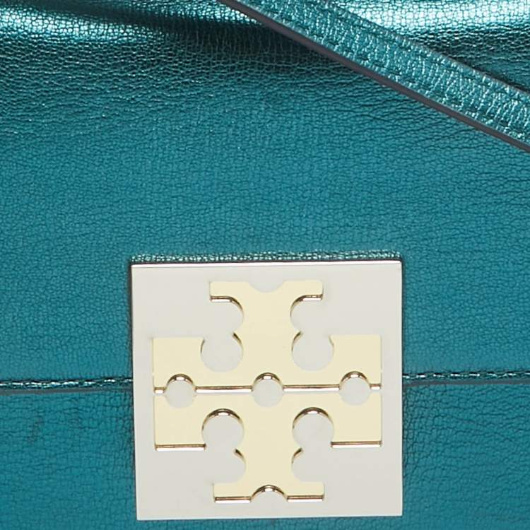 Pre Owned Tory Burch Teal Green Glossy Leather Mini Bon Bon Top Handle Bag