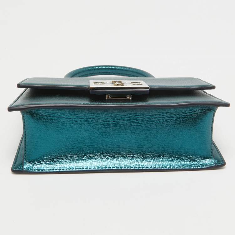 Pre Owned Tory Burch Teal Green Glossy Leather Mini Bon Bon Top Handle Bag